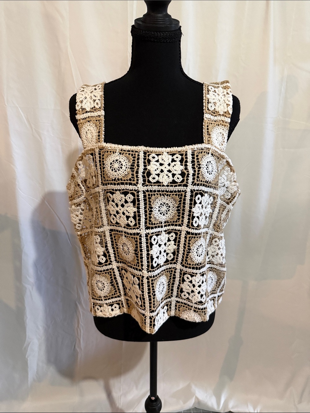 NWT LOFT Crochet Square-Panel Tank Top in Cream and Tan